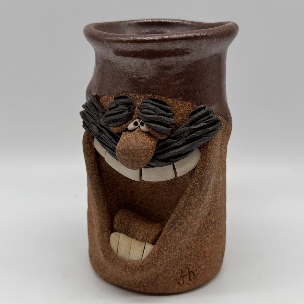 Vintage Studio Art Pottery Funny Face Stoneware Coffee Mug Cup Mustache Signed